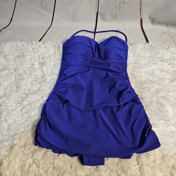 Blue Swim‎ Dress One Piece Swimsuit Ruched Halter Flounce Hem Size 10 - Picture 1 of 11